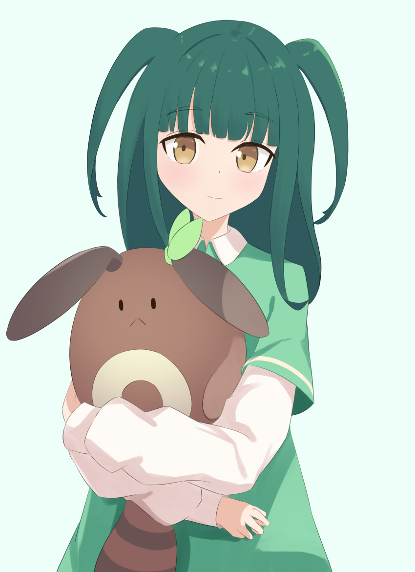 1girl, :d, absurdres, artist_name, black_pantyhose, blunt_bangs, border, brown_eyes