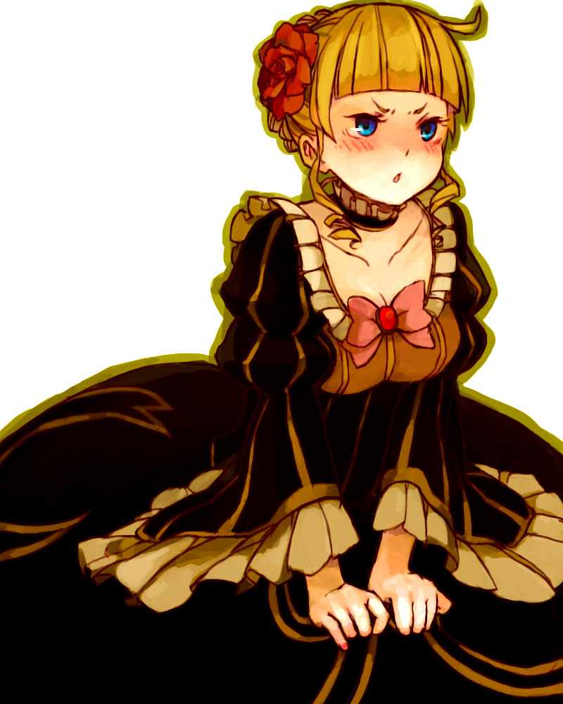 beatrice, blonde_hair, blue_eyes, blush, choker, dress, flower, hair_flower, hair_ornament, koiro_(ahuronron), red_rose, rose, solo, umineko_no_naku_koro_ni