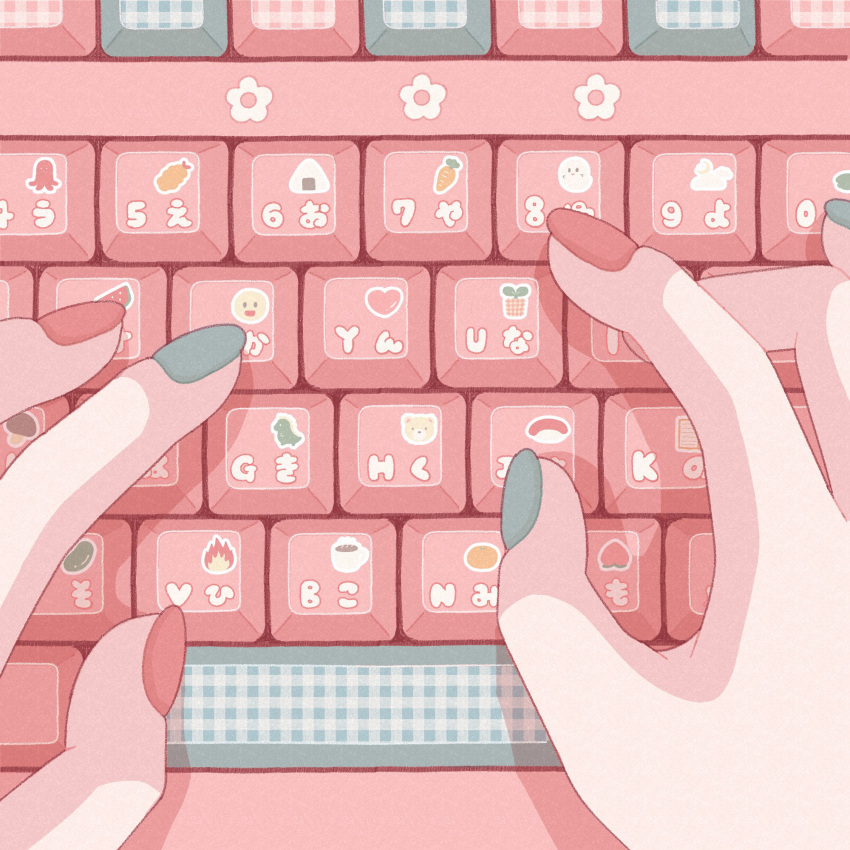 1girl, animal_print, applying_manicure, bear_print, close-up, clover_print, coffee_cup_print, commentary_request