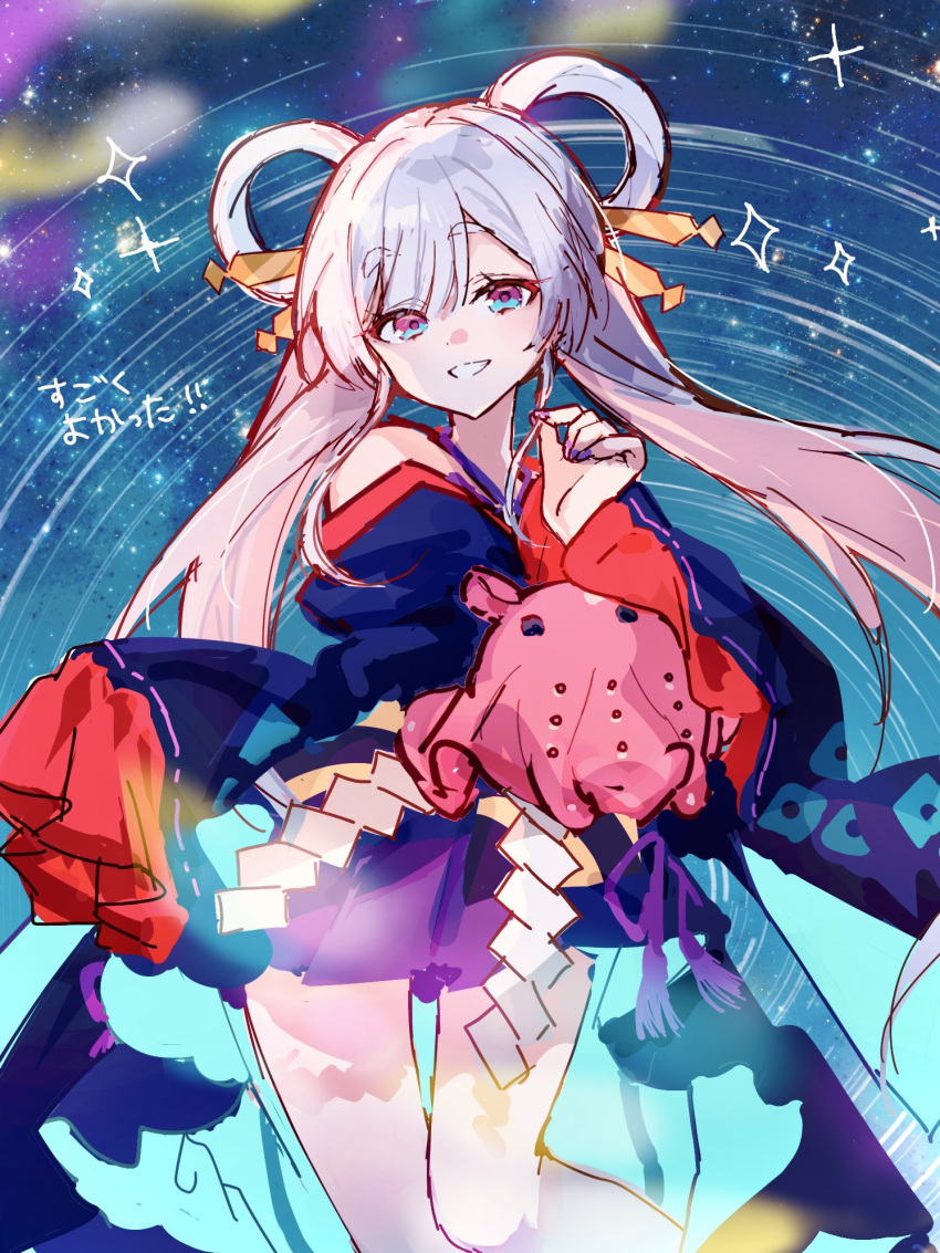 1girl, bare_shoulders, blue_eyes, cho_kaguya-hime!, commentary_request, cowboy_shot, grey_hair, hair_ornament