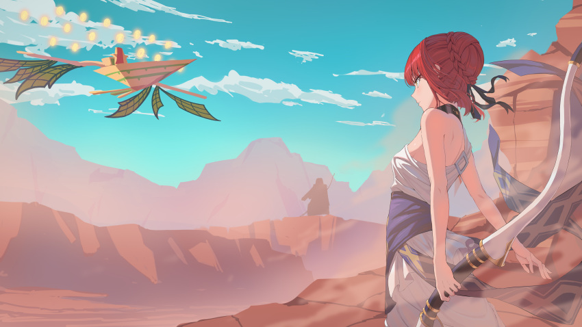 1boy, 1girl, absurdres, alcides_(fate), bare_shoulders, bow_(weapon), braid, breasts