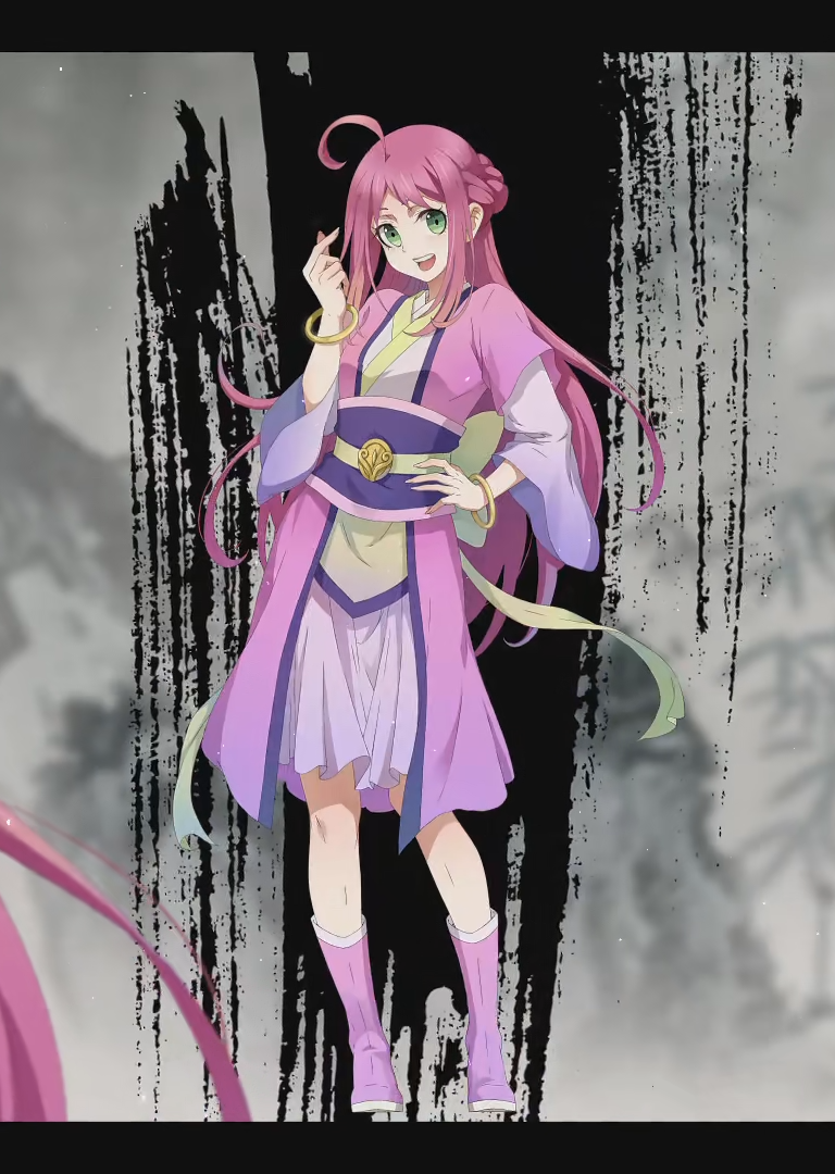 amonimy, boots, bracelet, chinese_clothes, commentary, english_commentary, full_body, gold_bracelet, green_eyes, hand_on_own_hip, hanfu, hou_xiaomei, jewelry, non-web_source, pink_boots, pink_hair, pink_hanfu, smile, waist_cincher, yinian_yongheng
