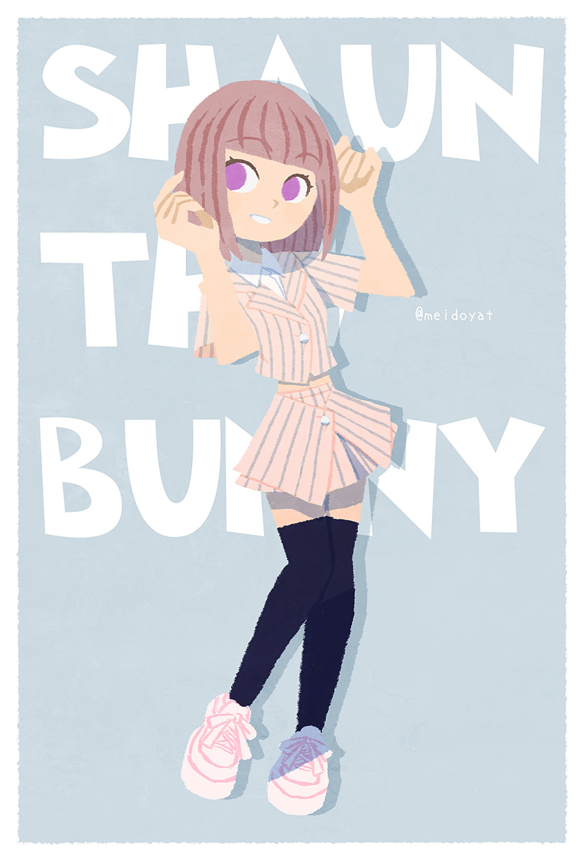 1girl, animal_ear_headphones, animal_ears, black_shoes, black_thighhighs, blunt_bangs, blunt_ends, bob_cut