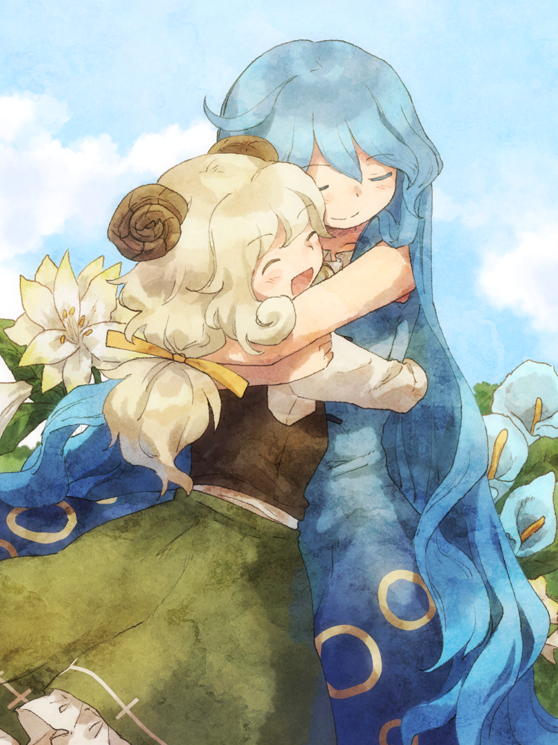 2girls, artist_request, bell, blue_hair, closed_eyes, dress, fantasy_maiden_wars, flowers