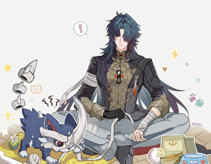 !, 1boy, bandaged_leg, bandages, bandages_over_clothes, black_hair, blade_(honkai:_star_rail), blue_pants