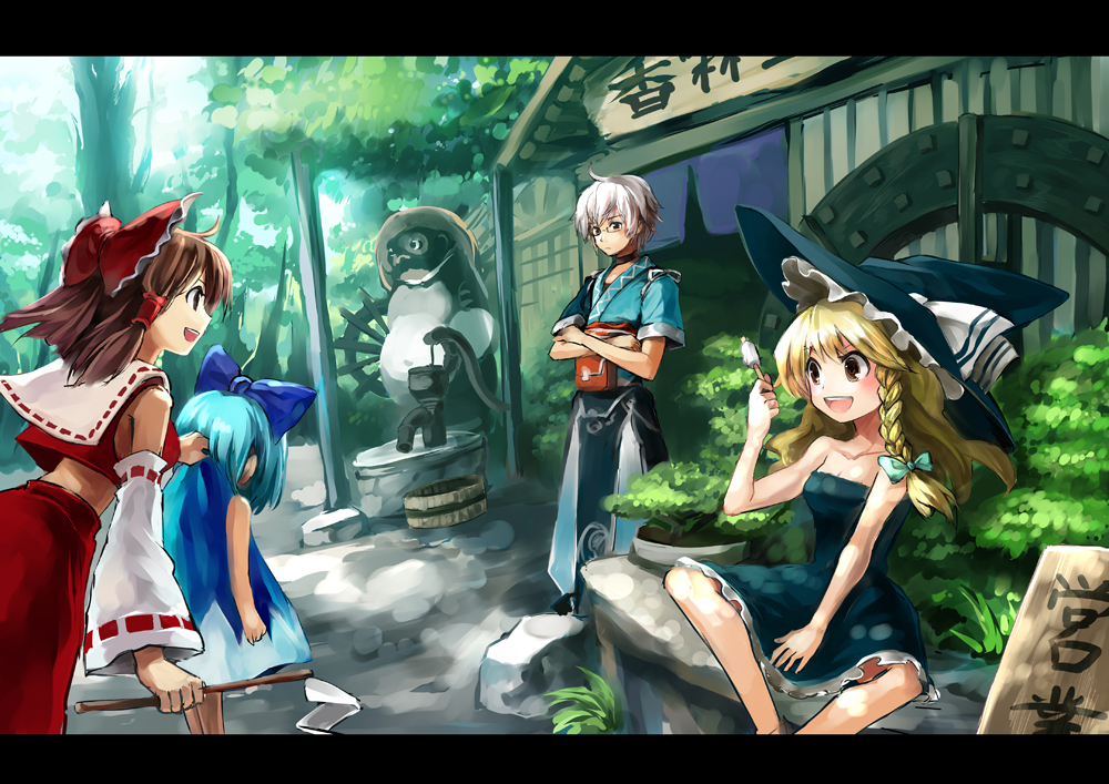 adapted_costume, alternate_costume, bare_shoulders, blonde_hair, blue_hair, bow, braid, brown_hair