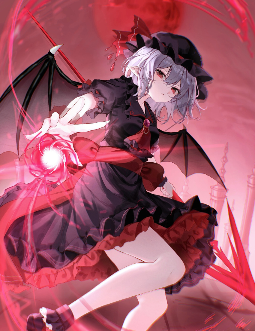 1girl, absurdres, alternate_color, ascot, back_bow, bat_wings, black_hat, black_shirt