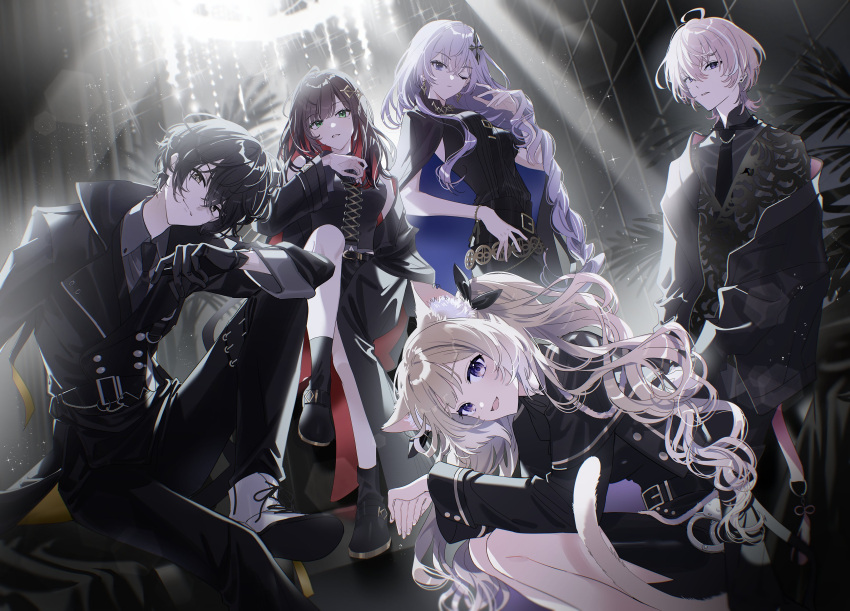 2boys, 3girls, absurdres, ahoge, animal_ears, aruse_inu, black_cloak, black_dress