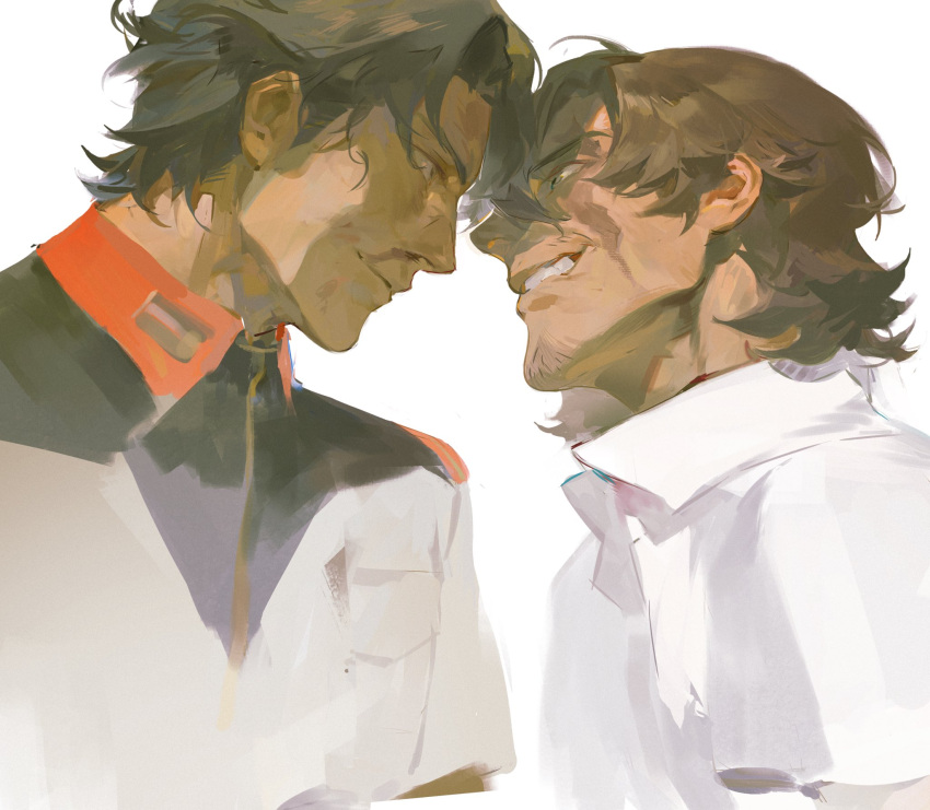 2boys, beard_stubble, black_hair, brown_eyes, brown_hair, closed_mouth, eternalgrayores, facial_hair