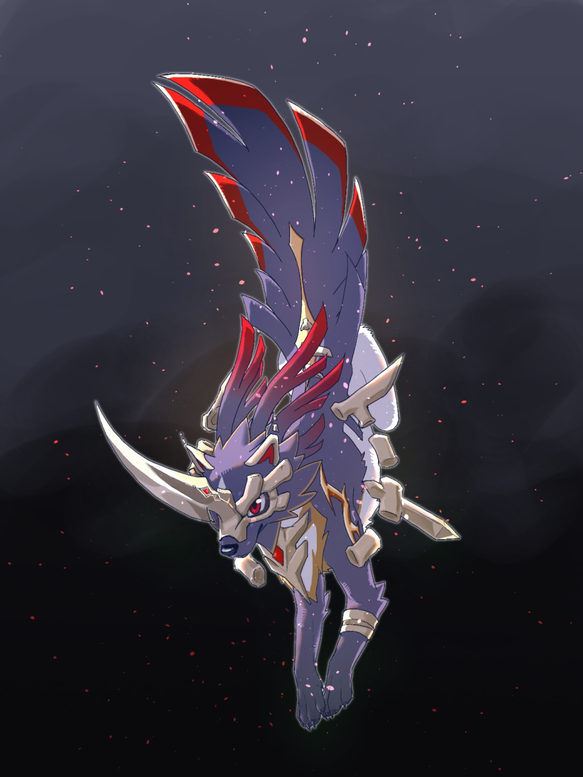 armor, black_background, black_fur, chinese_commentary, commentary_request, creature, cublade_(honkai:_nexus_anima), dog