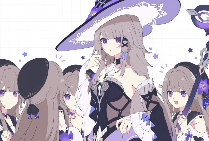 5girls, ascot, beret, bow, breasts, brown_hair, commentary_request, detached_collar