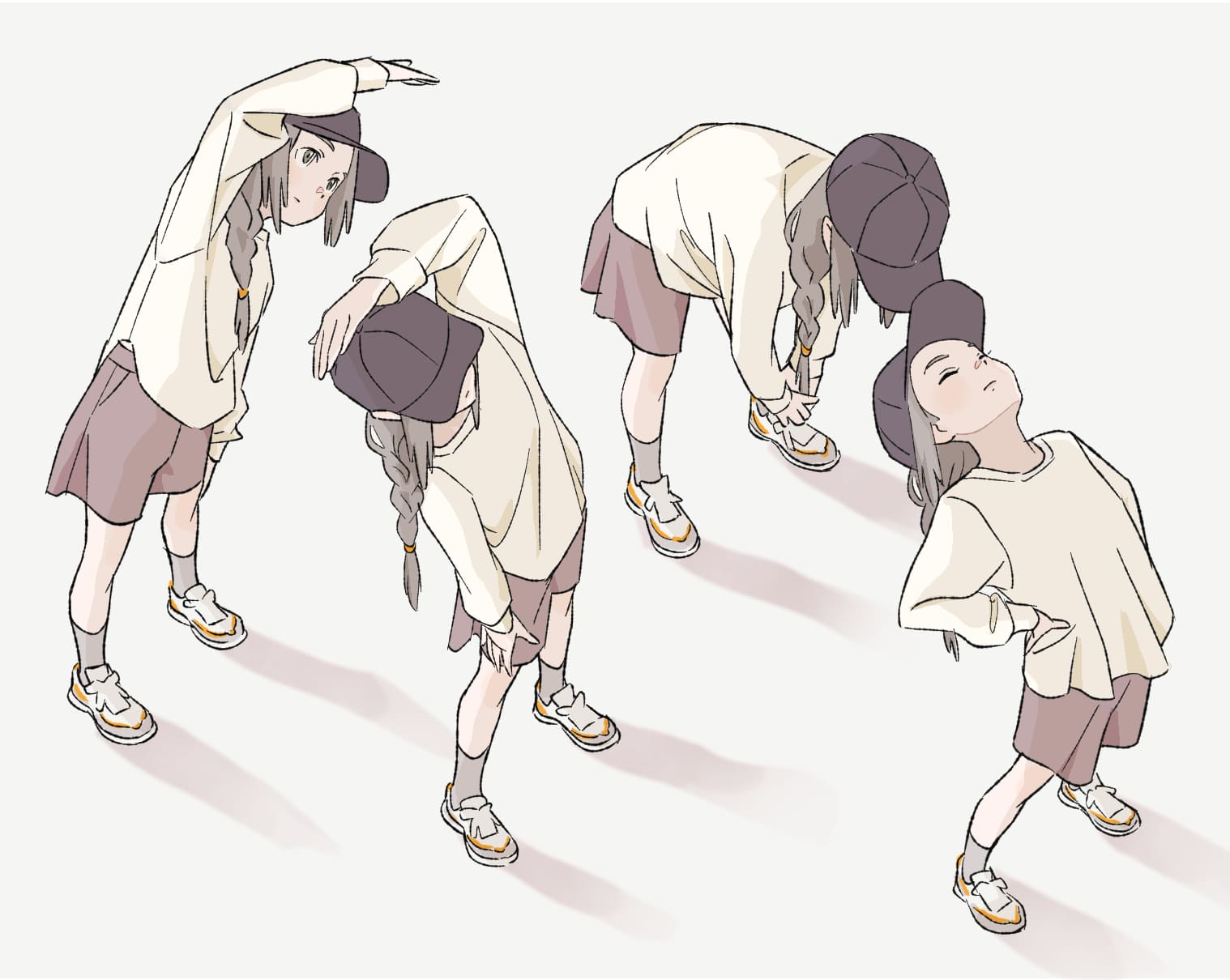 1girl, black_hat, braid, closed_eyes, commentary_request, exercising, grey_hair, grey_shorts