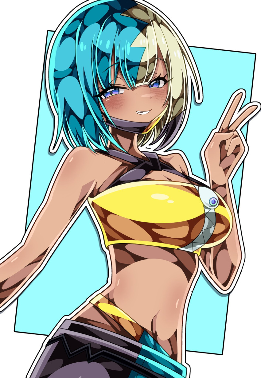 1girl, aqua_hair, bandeau, black_mask, blonde_hair, blue_eyes, breasts, canari_(pokemon)