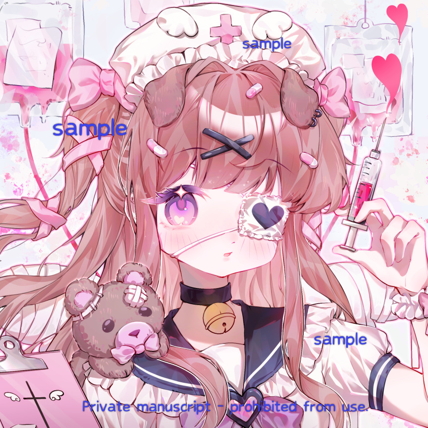 1girl, animal_ears, artist_name, bandages, bandaid, bell, black_choker, black_collar