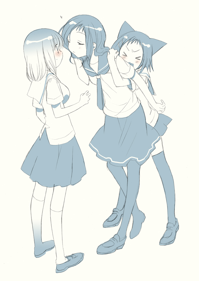 >_<, animal_ears, bad_id, black_hair, black_legwear, blush, closed_eyes, eyes_closed