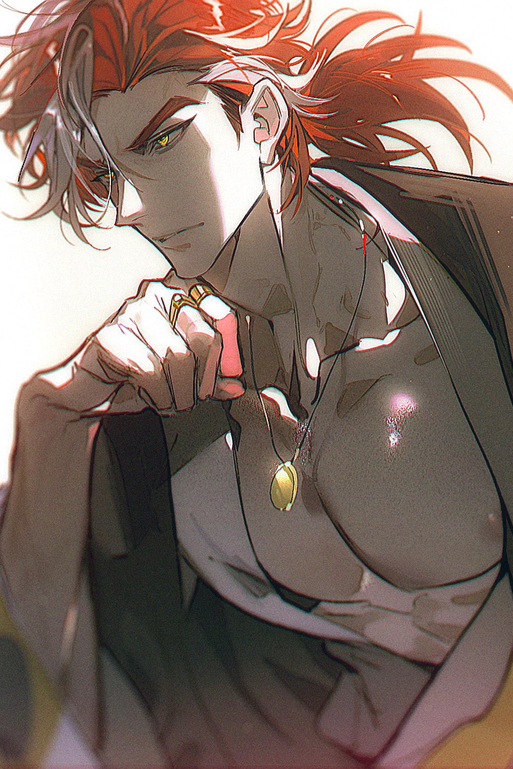 1boy, chinian, commentary, hand_on_own_chest, highres, jacket, jewelry, large_pectorals