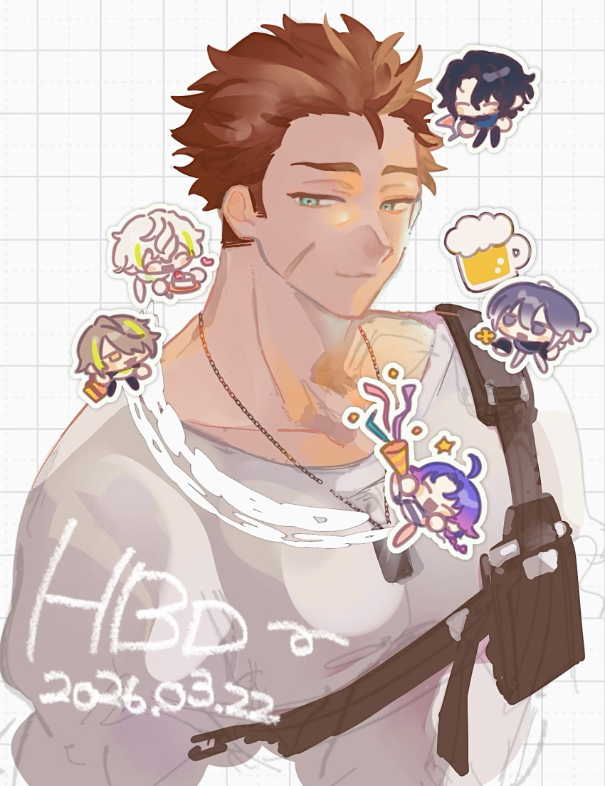 18trip, 1boy, bag, beer_mug, brown_hair, chibi, chibi_inset, cup, dog_tags, green_eyes, grid_background, happy_birthday, highres, iwabuchi_daniel_hiroshi, jewelry, male_focus, mug, multiple_boys, muscular, muscular_male, necklace, null_fff, party_popper, red_hair, scar, scar_on_face, shirt, short_hair, shoulder_bag, sketch, t-shirt, upper_body, watermark, white_background