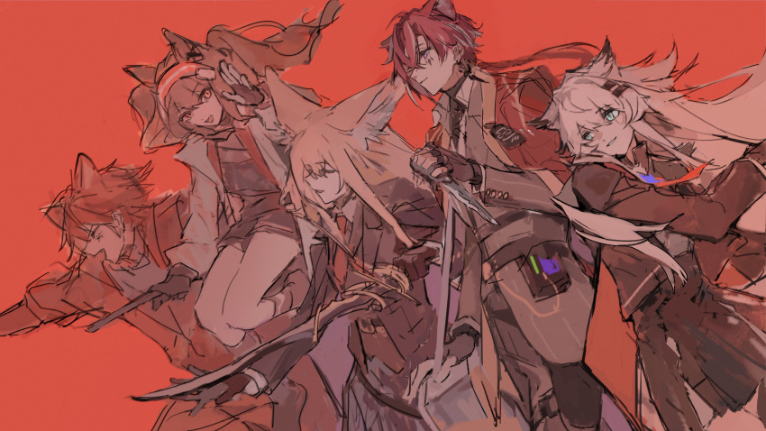 2boys, 3girls, :d, absurdres, angelina_(arknights), animal_ear_fluff, animal_ears, aqua_eyes