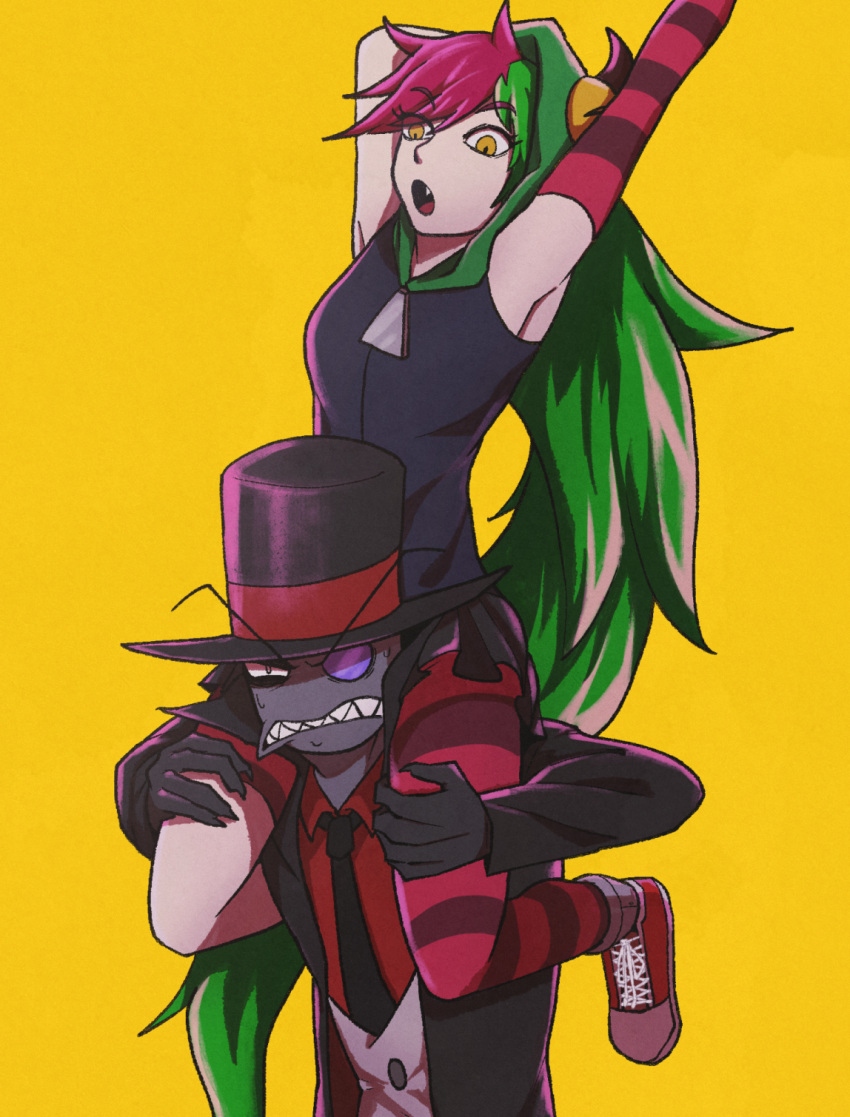 1boy, 1girl, arm_up, armpits, black_coat, black_hat, black_hat_(villainous), black_necktie