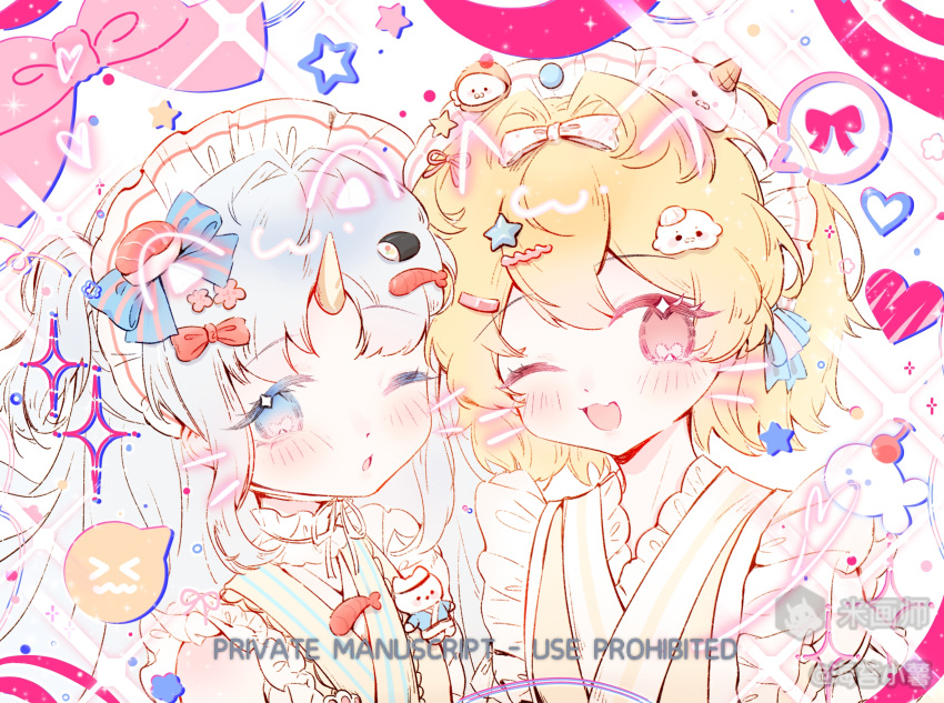 2girls, apron, blonde_hair, blue_bow, blue_eyes, blue_hair, blush, bow, eyelashes, fang, fish_hair_ornament, flat_color, food-themed_hair_ornament, frilled_kimono, frilled_sleeves, frills, hair_bow, hair_ornament, hairclip, haitaixiaoshu, heart, heart_hair_ornament, highres, horns, japanese_clothes, kimono, light_blush, long_hair, looking_at_viewer, maid_headdress, multiple_girls, multiple_hair_bows, one_eye_closed, open_mouth, original, pink_bow, pink_eyes, pink_ribbon, portrait, red_bow, red_eyes, ribbon, sample_watermark, short_hair, single_horn, sleeveless, smile, sparkle, speech_bubble, star_(symbol), star_hair_ornament, star_symbol, striped_bow, striped_clothes, upper_body, vertical-striped_clothes, watermark, weibo_username, weibo_watermark, white_apron, white_background, white_bow, white_hair, white_headdress, yellow_sleeves