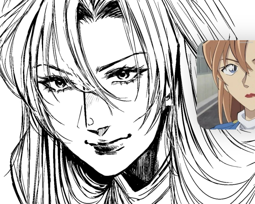 1girl, anime_screenshot_inset, blonde_hair, closed_mouth, commentary, eyelashes, greyscale, hagiwara_chihaya