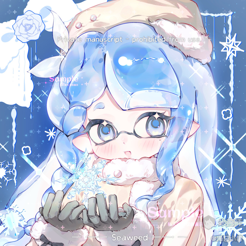 1girl, black_gloves, blue_background, blue_eyes, blue_hair, blush, braid, fur_trim