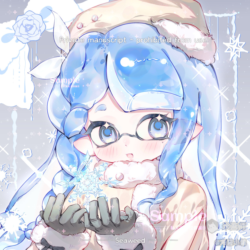 1girl, black_gloves, blue_eyes, blue_hair, blush, braid, coat, english_text