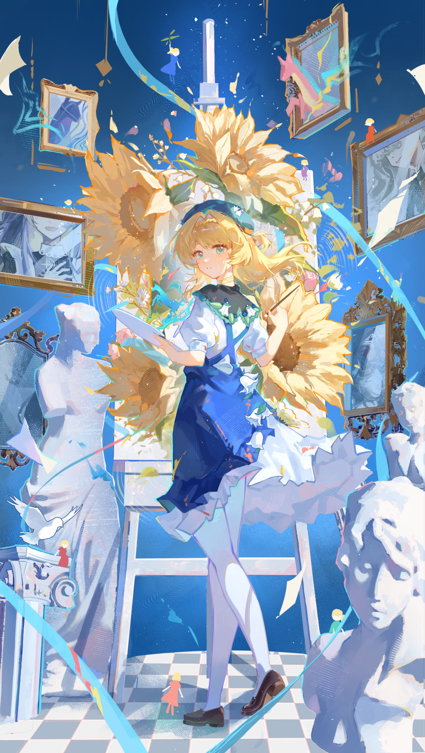 1girl, absurdres, aqua_eyes, art_brush, beret, blonde_hair, blue_hat, blue_sky