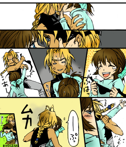 bartholomew_fatima, blonde_hair, blue_eyes, blush, braid, brown_hair, comic, couple
