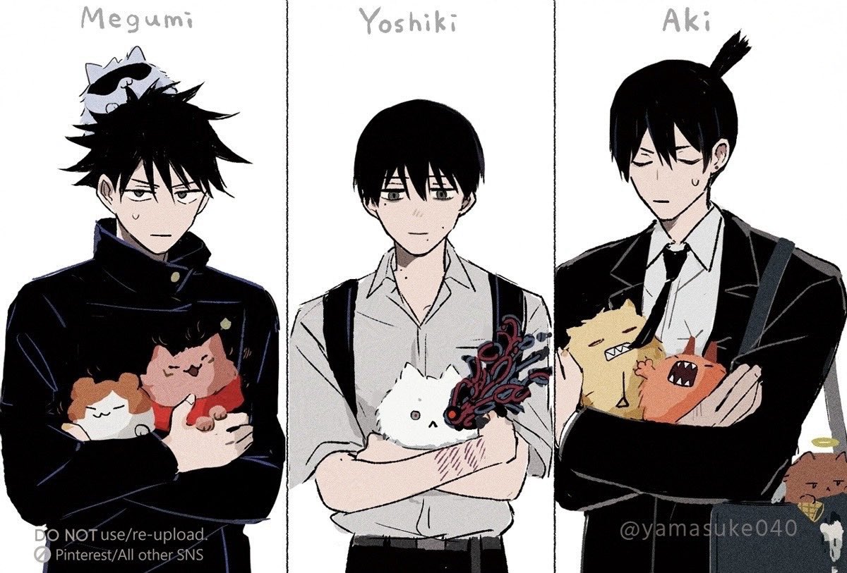 3boys, :3, angel_devil_(chainsaw_man), animal, animal_on_head, animalization, backpack, bag, biting_another's_clothes, black_bag, black_hair, black_jacket, black_necktie, black_pants, blindfold, cat, cat_on_head, chainsaw_man, character_name, clenched_teeth, closed_eyes, collared_shirt, commentary_request, crossed_arms, denji_(chainsaw_man), distortion, earrings, facial_mark, fushiguro_megumi, gojou_satoru, grey_bag, grey_eyes, hair_between_eyes, halo, hayakawa_aki, hikaru_ga_shinda_natsu, holding, holding_animal, holding_cat, holding_ice_cream_cone, horns, ice_cream_cone, indou_hikaru, itadori_yuuji, jacket, jewelry, jujutsu_kaisen, jujutsu_tech_uniform, kugisaki_nobara, male_focus, mole, mole_on_cheek, mole_on_neck, mole_under_eye, mole_under_mouth, multiple_boys, necktie, on_head, open_mouth, pants, ponytail, power_(chainsaw_man), red_horns, red_pupils, red_scarf, scarf, school_uniform, scratches, sharp_teeth, shirt, short_hair, short_ponytail, shoulder_bag, suit_jacket, sweatdrop, teeth, traditional_halo, tsujinaka_yoshiki, twitter_username, white_shirt, yamasuke040