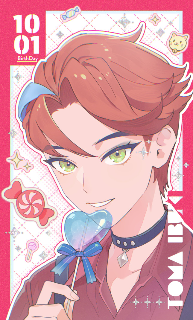 1boy, black_choker, blue_streaks, border, candy, choker, collared_shirt, commentary_request