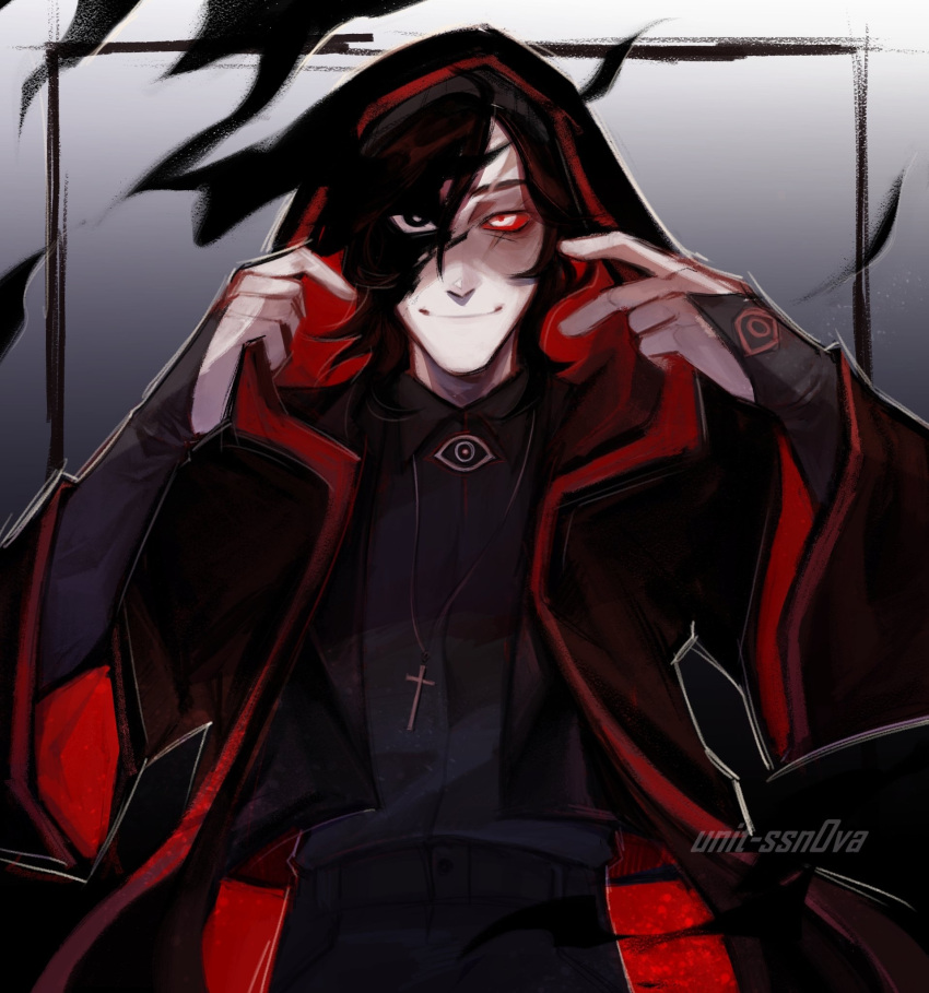 1boy, artist_name, black_border, black_cloak, black_eyes, black_hair, black_hood, black_pants