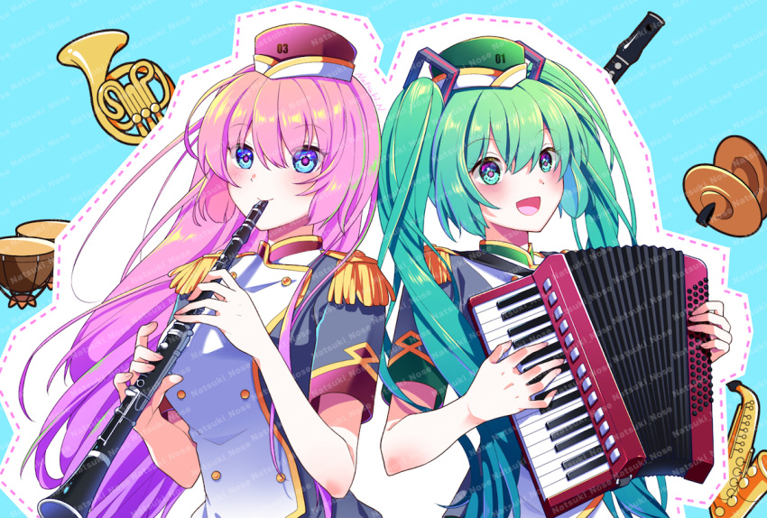 2girls, :d, accordion, blue_eyes, blush, buttons, clarinet, closed_mouth