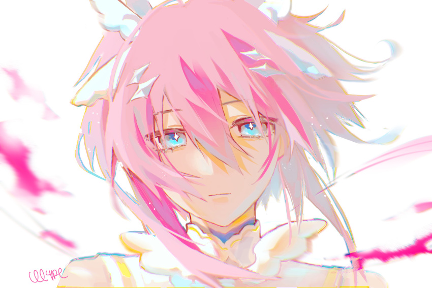 1girl, blue_eyes, cll4pl, commentary, english_commentary, fuchsia_(strinova), fuchsia_(woven_ballad)_(strinova), hair_ornament, highres, pink_hair, short_hair, short_twintails, strinova, twintails, wing_collar, wing_hair_ornament