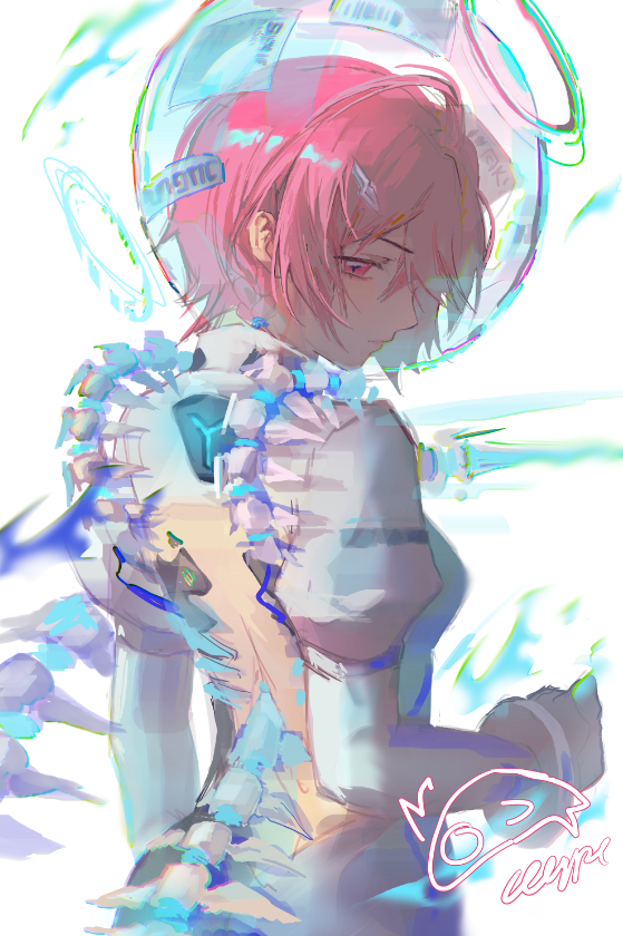 1girl, bare_back, bone_tail, cll4pl, fuchsia_(marine_enigma)_(strinova), fuchsia_(strinova), halo, helm, helmet, looking_back, pink_eyes, pink_hair, short_hair, strinova