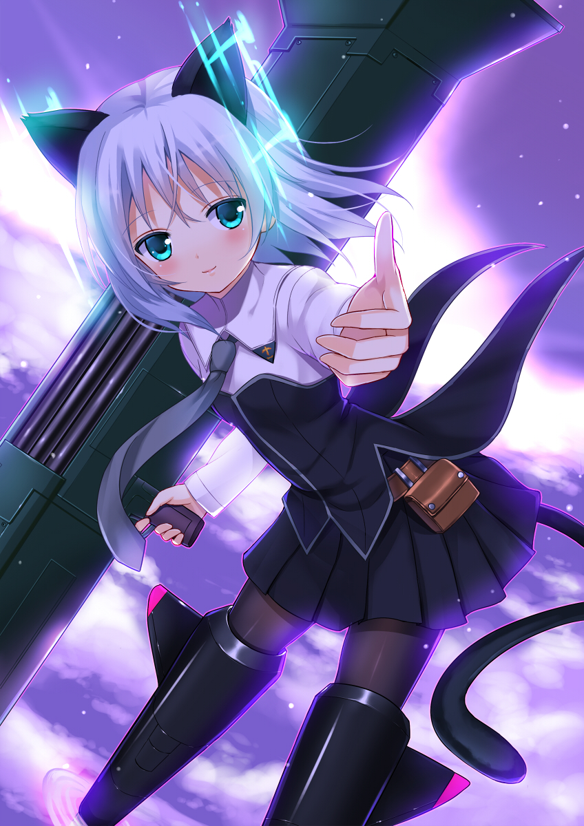 animal_ears, aqua_eyes, black_legwear, blush, cat_ears, cat_tail, highres, hirschgeweih_antennas