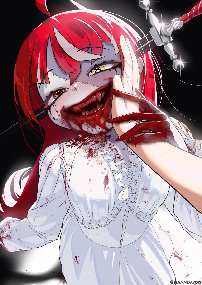 1girl, absurdres, blood, blood_from_mouth, blood_on_clothes, blood_on_hands, colored_skin, commentary