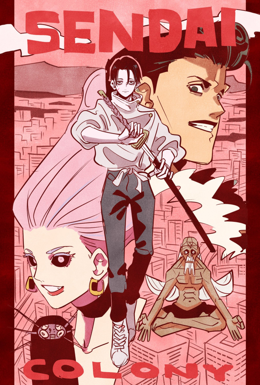 1girl, 3boys, abs, black_hair, bug, closed_mouth, cursed_spirit_(jujutsu_kaisen), dhruv_lakdawalla