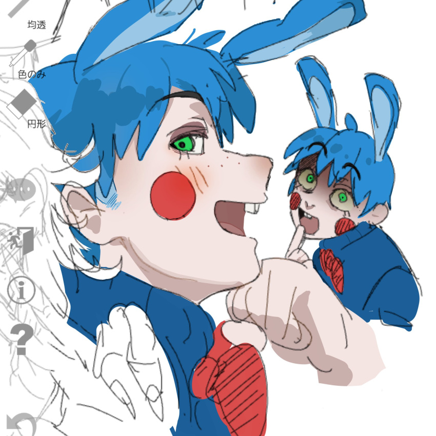 1boy, blue_hair, blush_stickers, bow, bowtie, buck_teeth, colored_skin, commentary