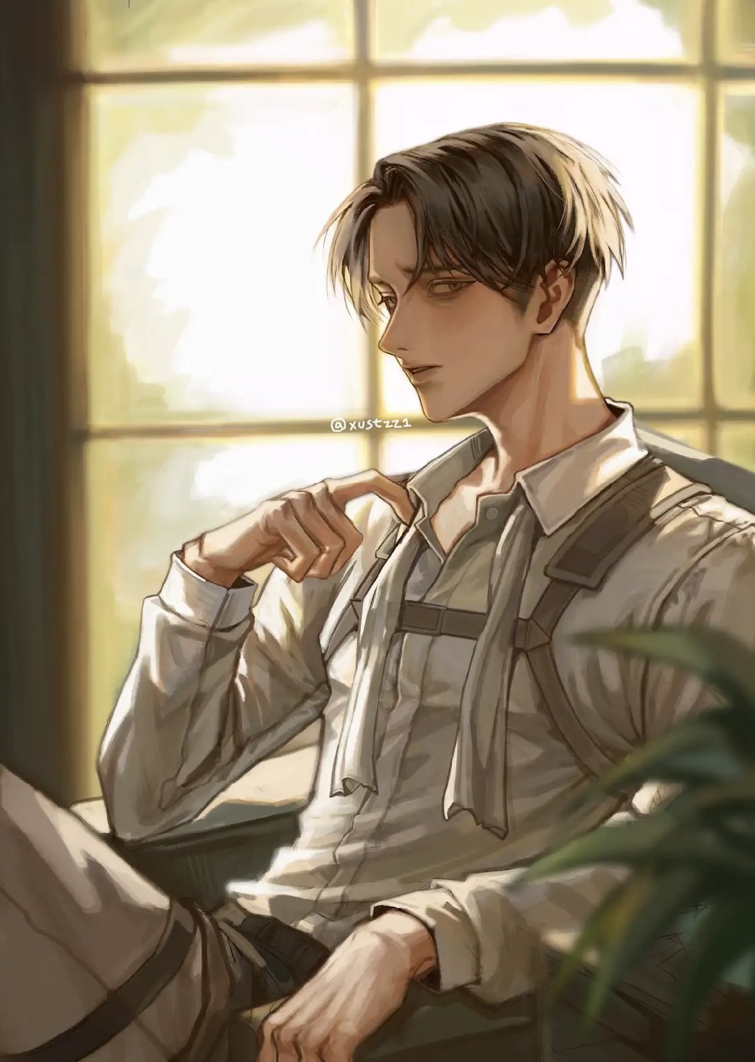 1boy, ascot, bags_under_eyes, black_hair, chest_harness, collared_shirt, furrowed_brow, harness
