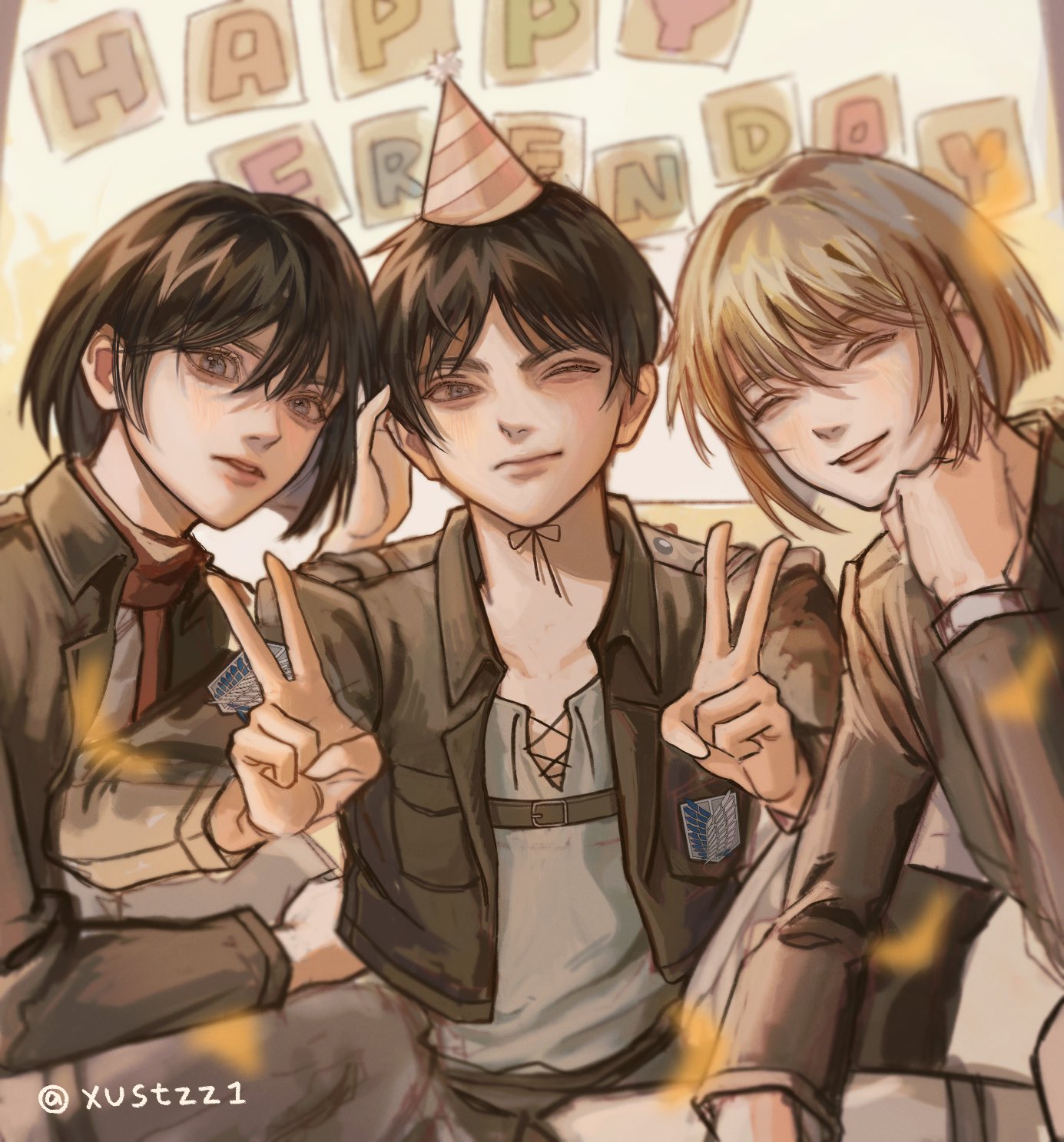 1girl, 2boys, armin_arlert, black_hair, blonde_hair, brown_jacket, closed_eyes, closed_mouth