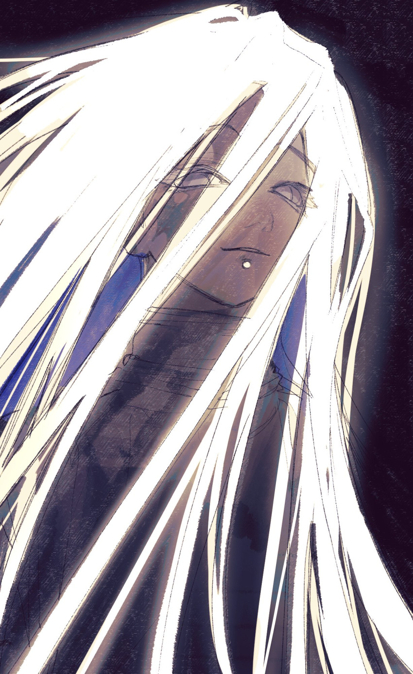 1boy, black_sweater, colored_inner_hair, face_piercing, gachiakuta, glowing, glowing_hair, hair_between_eyes, highres, keuaag, lip_piercing, long_hair, looking_at_viewer, multicolored_hair, parted_lips, piercing, solo, sweater, tamsy_caines, turtleneck, turtleneck_sweater, upper_body, very_long_hair, white_hair