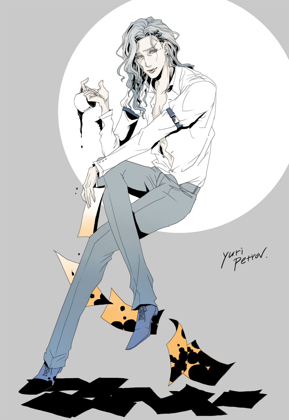 crossed_legs, cup, green_eyes, hair_ornament, hairclip, highres, legs_crossed, lips