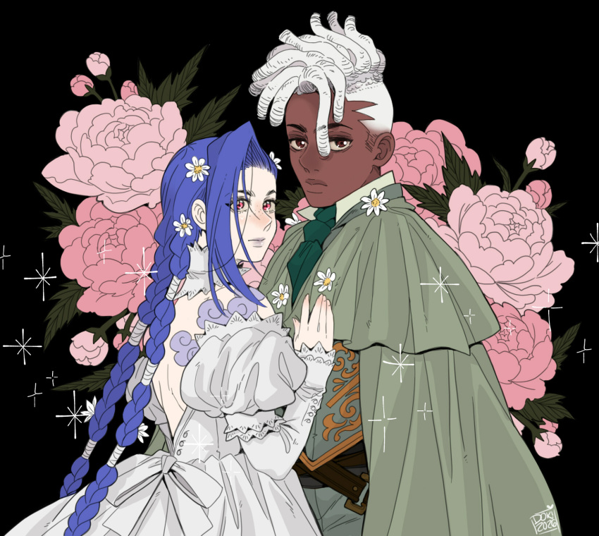 1boy, 1girl, arcane:_league_of_legends, arcane_jinx, blue_hair, braid, brown_eyes, cloak, closed_mouth, cloud_tattoo, collared_shirt, couple, dark-skinned_male, dark_skin, detached_collar, dokinana, dreadlocks, dress, ekko_(league_of_legends), firelight_ekko, floral_background, flower, green_cloak, green_necktie, green_pants, grey_dress, hair_flower, hair_ornament, hand_on_another's_chest, hetero, highres, jinx_(league_of_legends), juliet_sleeves, league_of_legends, long_hair, long_sleeves, necktie, pale_skin, pants, pink_flower, puffy_sleeves, red_eyes, shirt, short_hair, shoulder_tattoo, tattoo, twin_braids, undercut, upper_body, very_long_hair, vest, waistcoat, white_flower, white_hair, white_shirt
