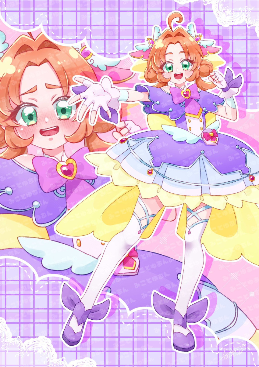 1girl, ahoge, akechi_anna, artist_name, blush, bow, bowtie, brooch, capelet, clenched_hand, commentary, cosplay, cure_answer, cure_answer_(cosplay), doily, double_bun, dress, footwear_ribbon, frilled_dress, frills, full_body, gloves, green_eyes, hair_bun, hair_intakes, hair_ornament, heart, heart_brooch, highres, jewelry, layered_gloves, looking_at_viewer, low_twintails, medium_dress, medium_hair, meitantei_precure!, open_mouth, outline, pact_holder, pink_bow, pink_bowtie, pota0606119, precure, purple_background, purple_capelet, purple_ribbon, purple_shoes, purple_theme, reaching, reaching_towards_viewer, red_hair, ribbon, shoes, signature, smile, standing, thigh-highs, twintails, white_gloves, white_outline, white_thighhighs, wing_hair_ornament, zoom_layer