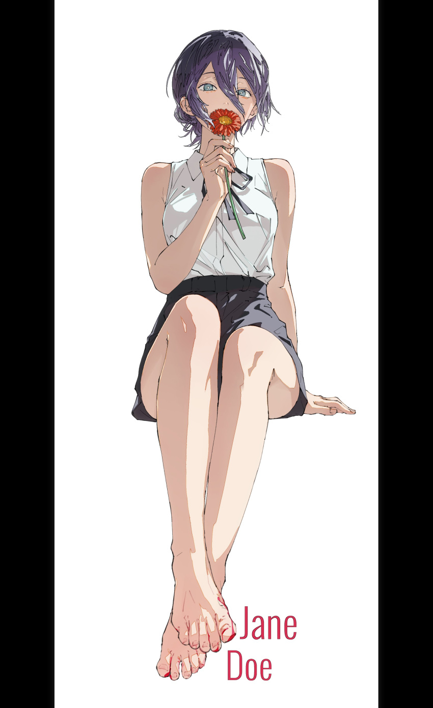 1girl, absurdres, bare_arms, bare_shoulders, barefoot, black_border, black_shorts, blood, blood_on_feet, border, breasts, chainsaw_man, collared_shirt, flower, flower_over_mouth, full_body, gerbera, green_eyes, hair_between_eyes, hair_bun, highres, holding, holding_flower, looking_at_viewer, medium_breasts, medium_hair, pillarboxed, purple_hair, red_flower, reze_(chainsaw_man), shikishima_(3jikaika), shirt, shorts, sitting, sleeveless, sleeveless_shirt, solo, song_name, updo, white_background, white_shirt