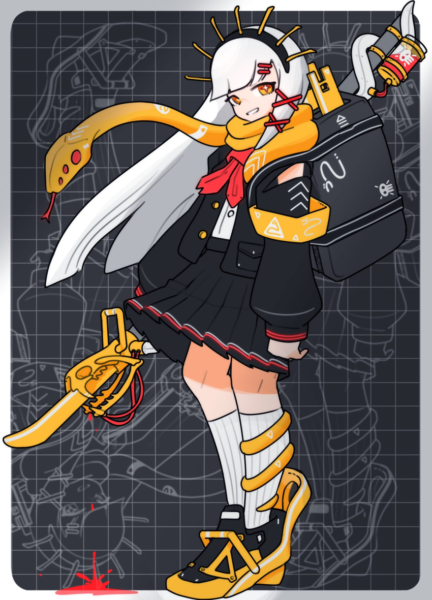 1girl, armored_footwear, background_request, backpack, bag, black_hairband, black_jacket, black_skirt