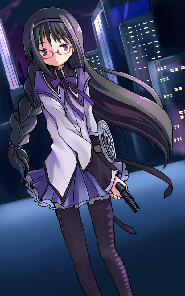 akemi_homura, argyle, argyle_legwear, black_hair, black_legwear, braid, glasses, gun, hairband, kotojima_motoki, long_hair, magical_girl, mahou_shoujo_madoka_magica, pantyhose, purple_eyes, red-framed_glasses, shield, solo, violet_eyes, weapon