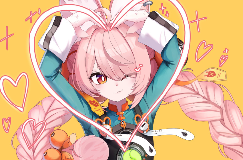 1girl, 96mako, :3, absurdres, ahoge, animal_ear_fluff, animal_ear_piercing, animal_ears, arms_up, braid, braided_twintails, bright_pupils, closed_mouth, commentary, english_commentary, furry, furry_female, green_shirt, hair_ornament, heart, heart_hands, highres, long_hair, one_eye_closed, pink_fur, pink_hair, rabbit_ears, rabbit_girl, red_eyes, screw, shirt, short_eyebrows, solo, sphere_hair_ornament, thick_eyebrows, upper_body, white_pupils, yellow_background, zenless_zone_zero, zhao_(zenless_zone_zero)