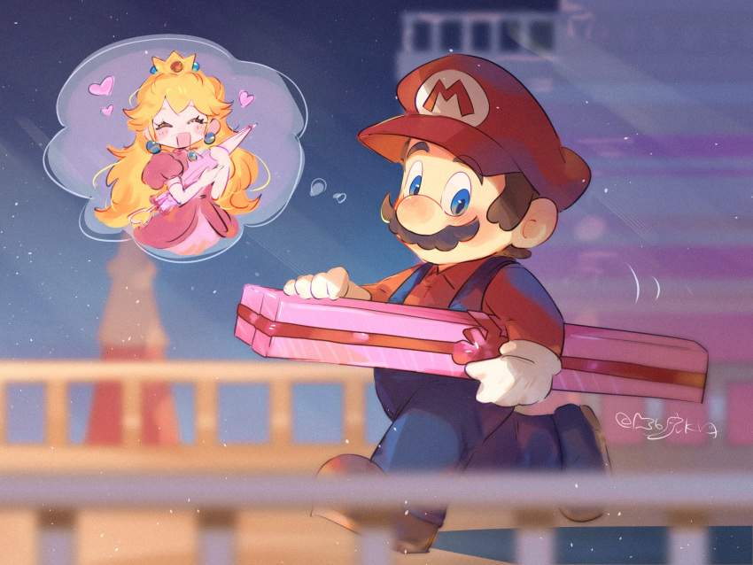 1boy, 1girl, blonde_hair, blue_eyes, blue_overalls, box, brown_hair, brown_shoes